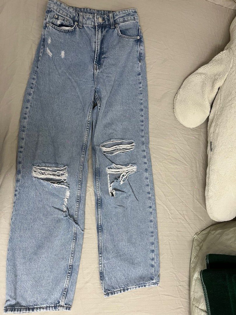 H M high waist straight cut wide ripped jeans Women s Fashion