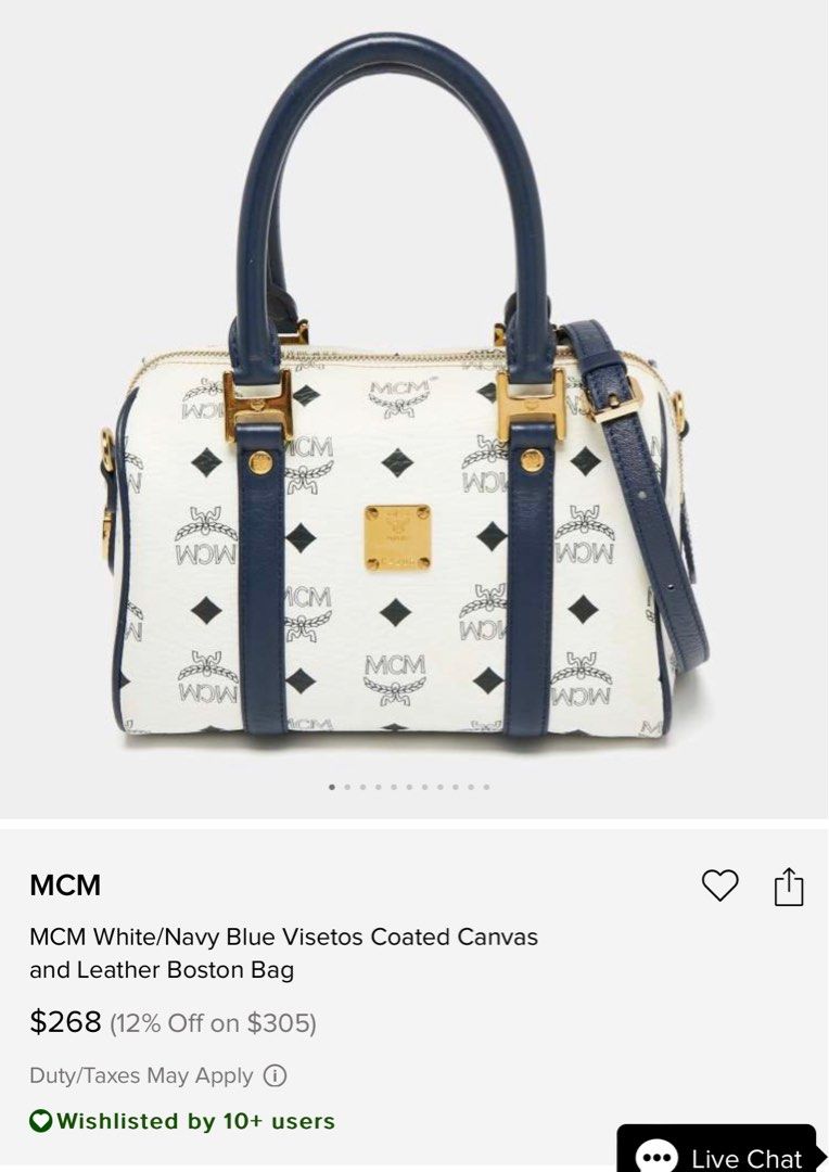 PRELOVED MCM White and Navy Blue Visetos Leather Mini Boston Handbag C9347  032223