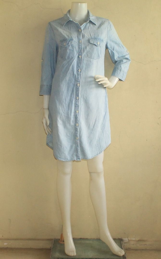MERONA Roll up Sleeves Light Wash Chambray Denim Dress Women s