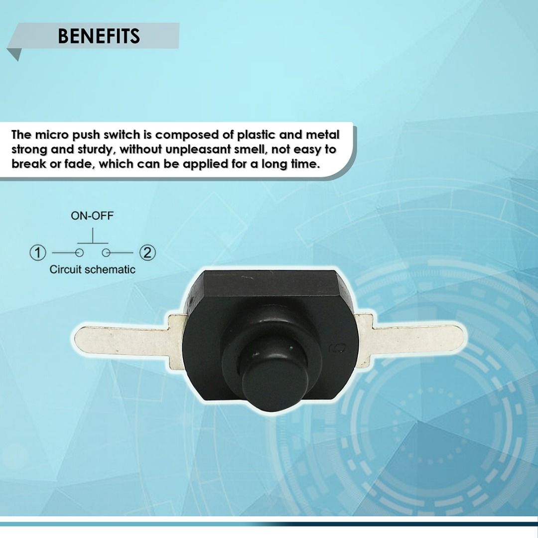 MICRO PUSH BUTTON LATCHING SWITCH, DC 30V 1A, SELF LOCK ON-OFF, BEST FOR FLASHLIGHT/ DIY PROJECTS (Category: Electrical, Adaptors & Sockets) located in Quezon City. Submitted by besteinpc (Listing ID 1235628351, Image 3). Description: MICRO PUSH BUTTON LATCHING SWITCH, DC 30V 1A, SELF LOCK ON-OFF, BEST FOR FLASHLIGHT/ DIY PROJECTS FEATURES: 👉Material: plastic and metal 👉Operation: Latching ON-OFF 👉Current: DC 👉Ampere: 1A 👉Size: 2.65 x 0.8 x 