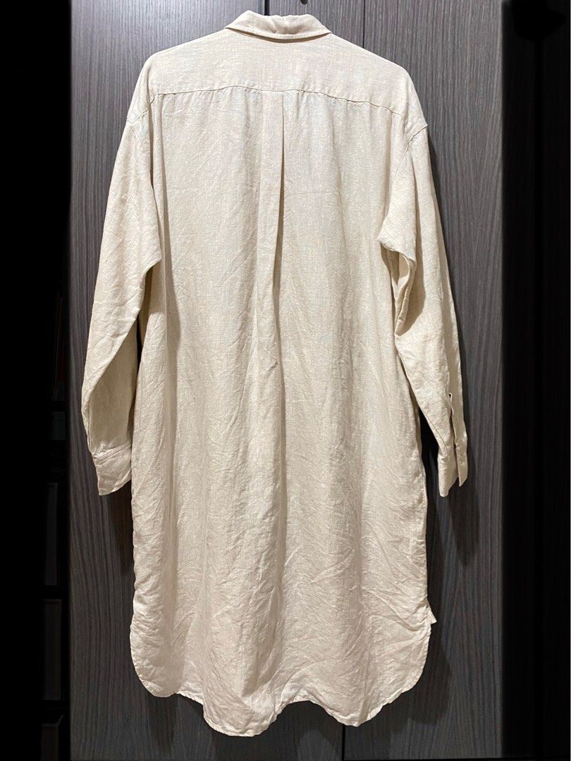 Muji Shirt Dress/Jk淺卡其色長麻質裙, 女裝, 連身裙& 套裝, 連身裙