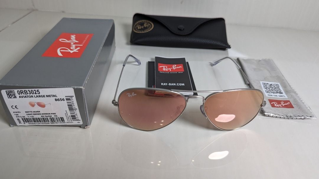 Ray Ban Aviator Large Metal RB3025 Matte Silver Frame Light Brown Mirror Pink