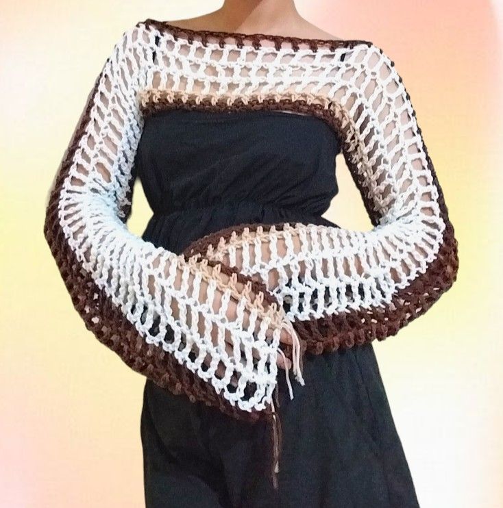 Summer Reversible Bolero Mesh Sleeves Top (Category: Longsleeves) located in Bulacan. Submitted by nanha_ (Listing ID 1236392781, Image 3). Description: sleeves ends 2 inches after fingertips but it comes with half inch ribbons to shorten the sleeves, looks very nice, will send pictures! excess yarn at emd of sleeves but can be cut off upon request,, still looks good with a few pieces of those yarns dangling crochet summer bolero shrug top s-xl.