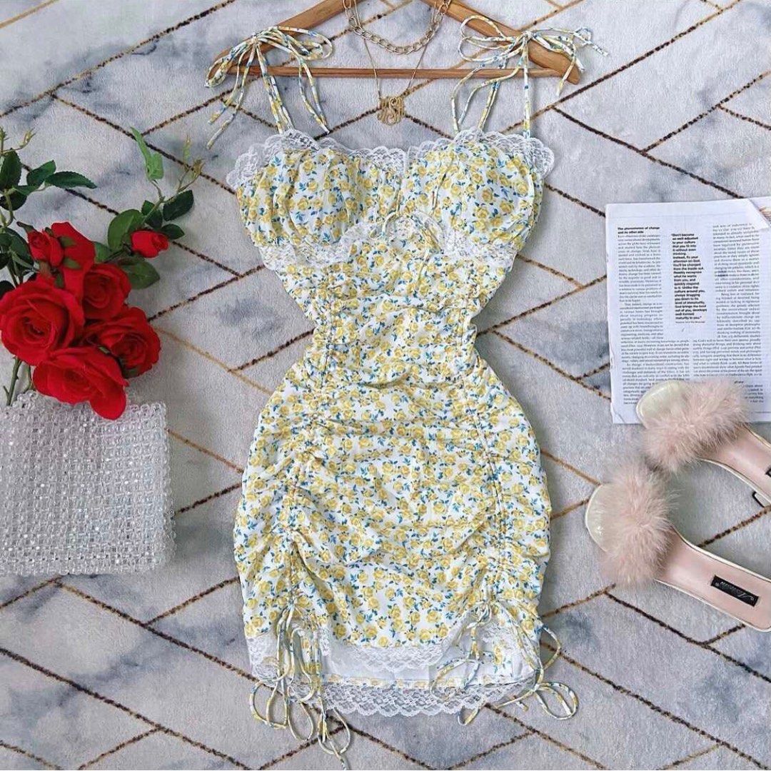Ruched tie floral mini dress (Category: Dresses) located in Cebu City. Submitted by kating0119 (Listing ID 1236400009, Image 1). Description: Brand new with tag. Tie on both shoulders and ruched tie by the thighs. Stretchy material with lining. Bought but never used and has been properly stored. Very pretty but will no longer fit me so it needs a new home 😔.