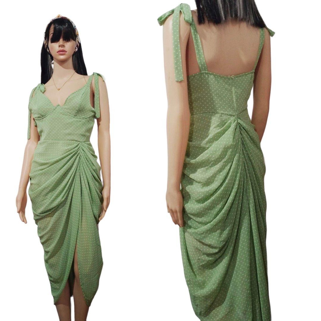 Sage Green Polka Dot Draped Underwire Detail Midi Dress