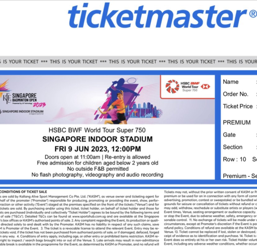 QF Singapore Badminton Open 2023 ticket Quarter Final Premium