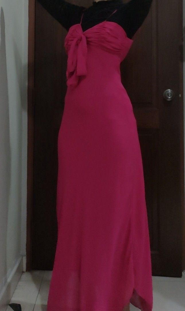Size M Hot Pink Barbie ribbon long maxi irregular cutting tail party themed  cocktail cute sexy dinner tie up sleeveless dress with free black full lace  long sleeves blouse, Women's Fashion, Dresses