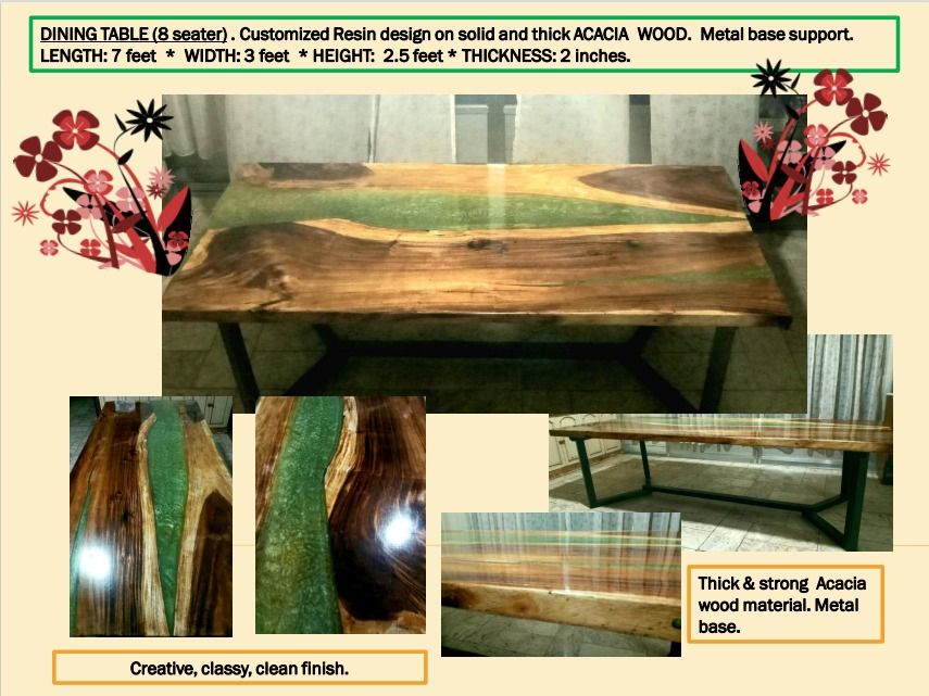SOLID & THICK ACACIA WOOD DINING TABLE w/RESIN DESIGN. CUSTOMIZED. (8