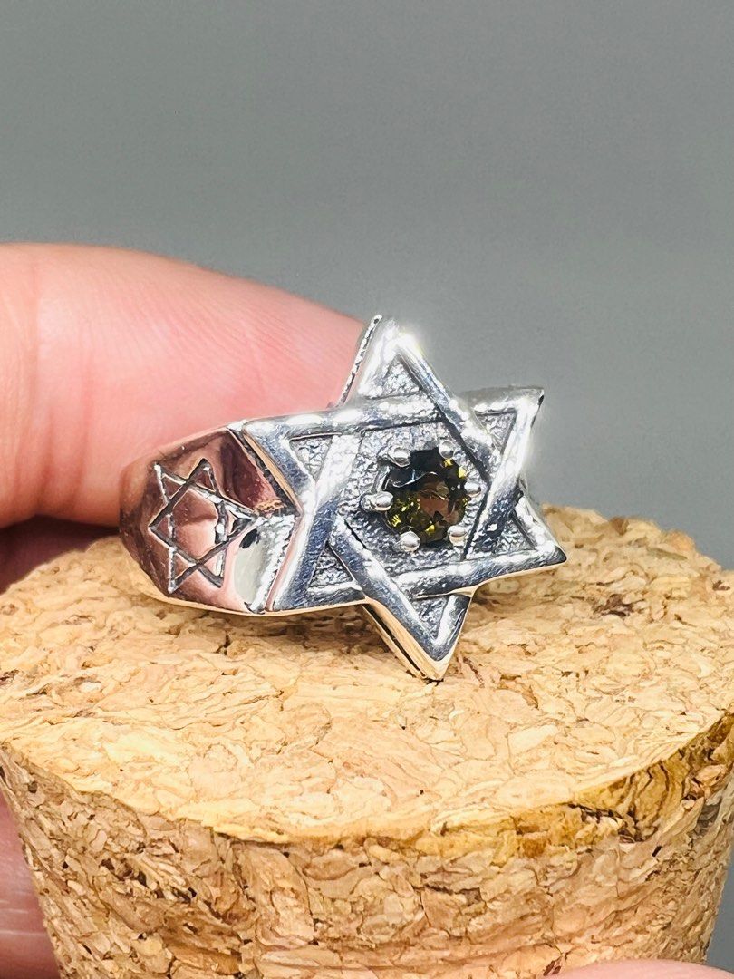 Star of David Moldavite Adjustable 925 Silver Ring Custom Made