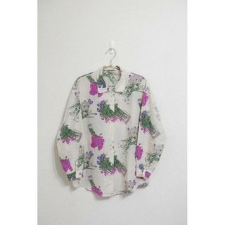 二手┊法式優雅慵懶的午後色彩斑斕粉桃紫白鬱金香玻璃花瓶米杏色長袖襯衫┊vintage 復古風格 古著