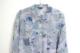 二手┊日本製霧灰藍蕨類植物生態圖鑑長袖襯衫┊vintage 復古風格 古著 莫蘭迪色系