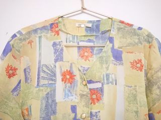 二手┊莫內花園印象派色彩瓶花景緻V字領口短袖襯衫┊vintage 復古風格 古著