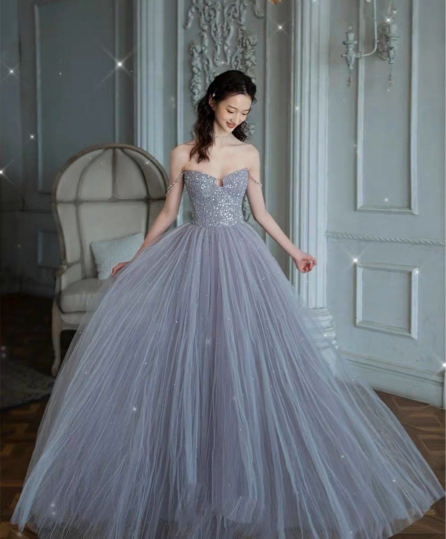 Wedding Evening Gown in Sequin Sparkling Greyish Blue Women s