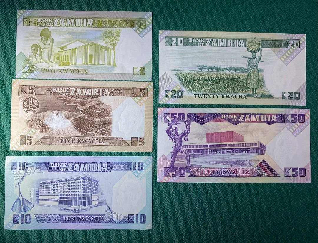 赞比亚 Zambia 2, 5, 10, 20, 50 Kwacha (1980~1988) 5pcs Set 100