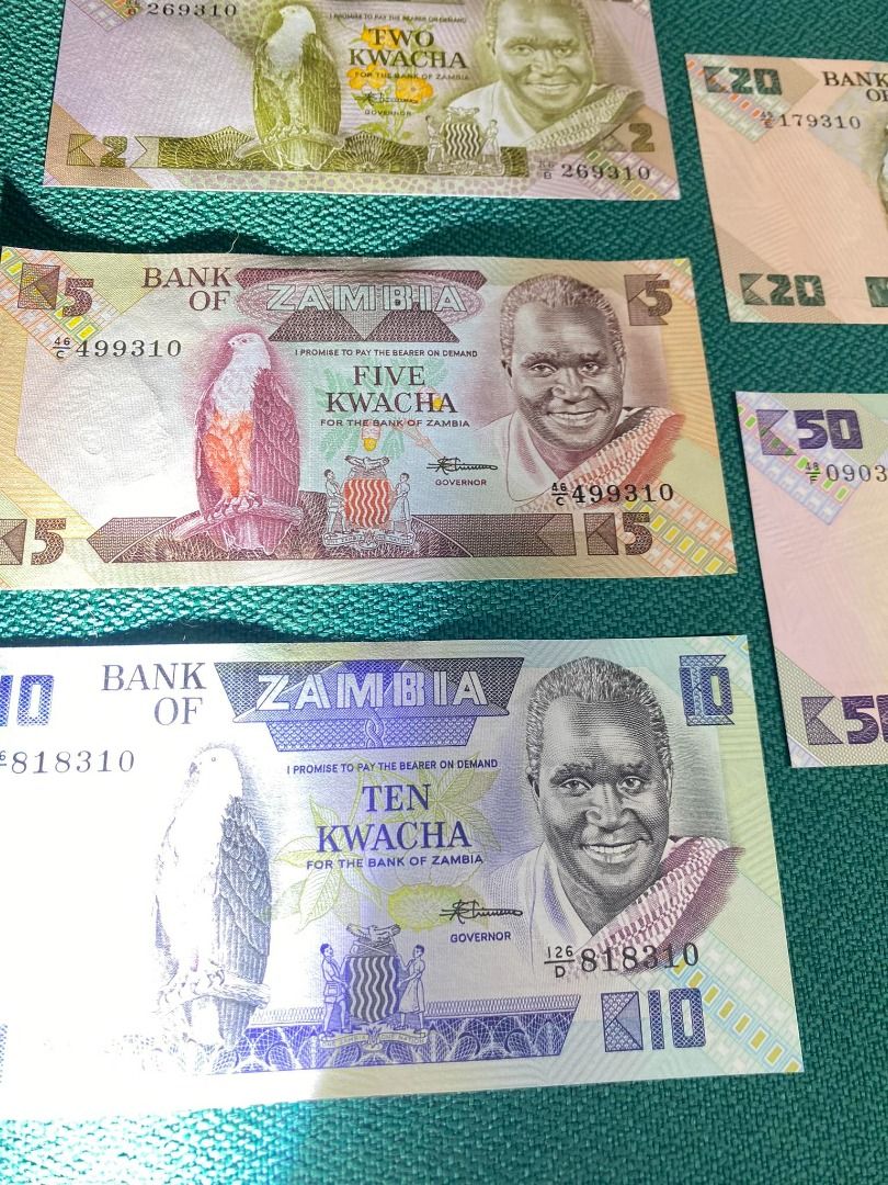 赞比亚 Zambia 2, 5, 10, 20, 50 Kwacha (1980~1988) 5pcs Set 100