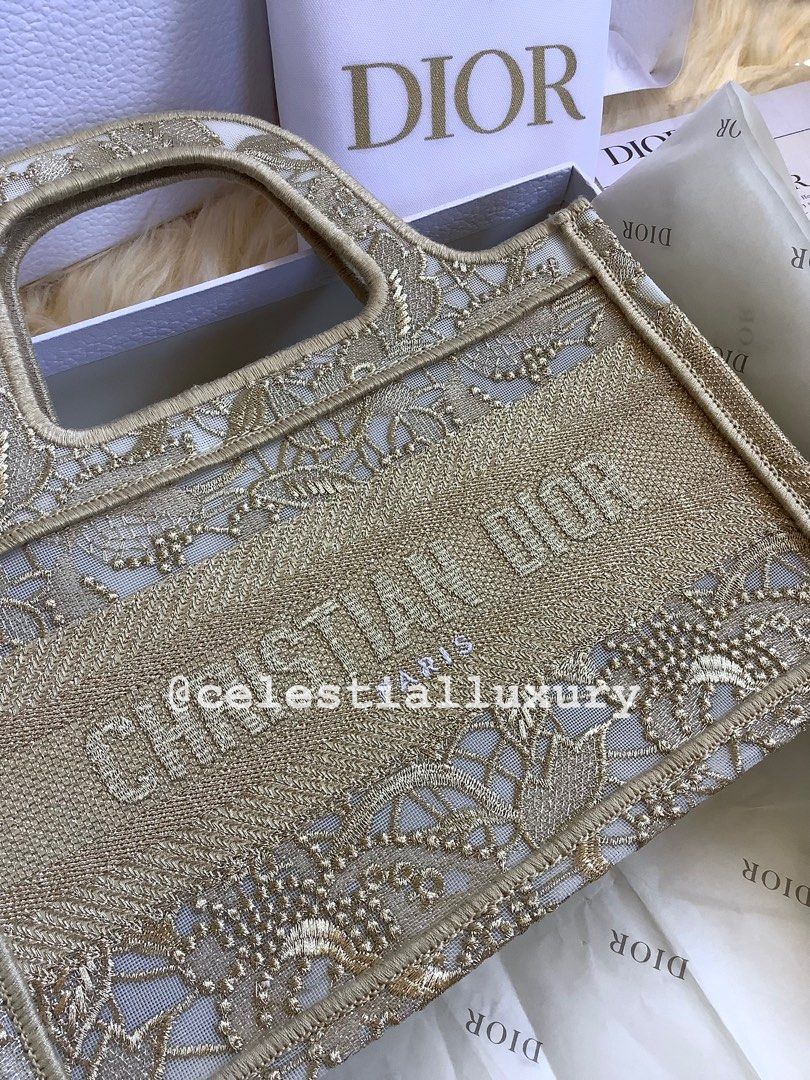Medium Dior Or Dior Book Tote Gold-Tone D-Lace Embroidery with Macramé  Effect (36 x 27.5 x 16.5 cm)