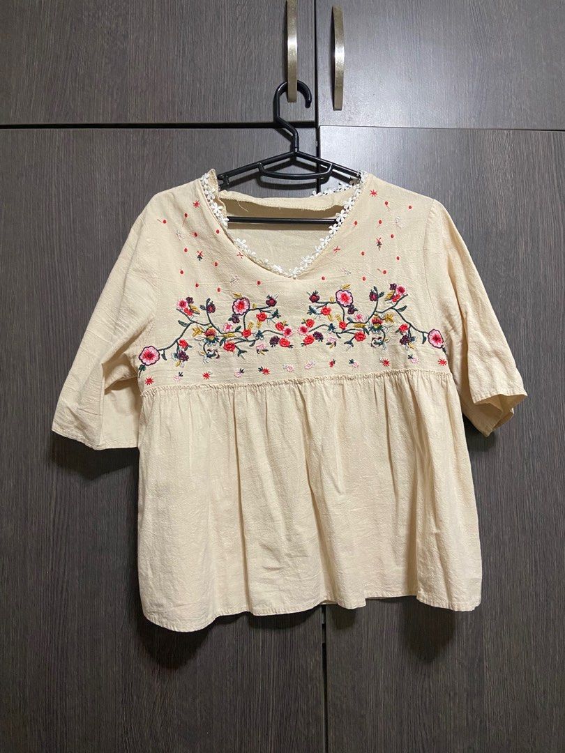 Babydoll / Peplum Floral Embroidered Blouse, Women's Fashion, Tops ...