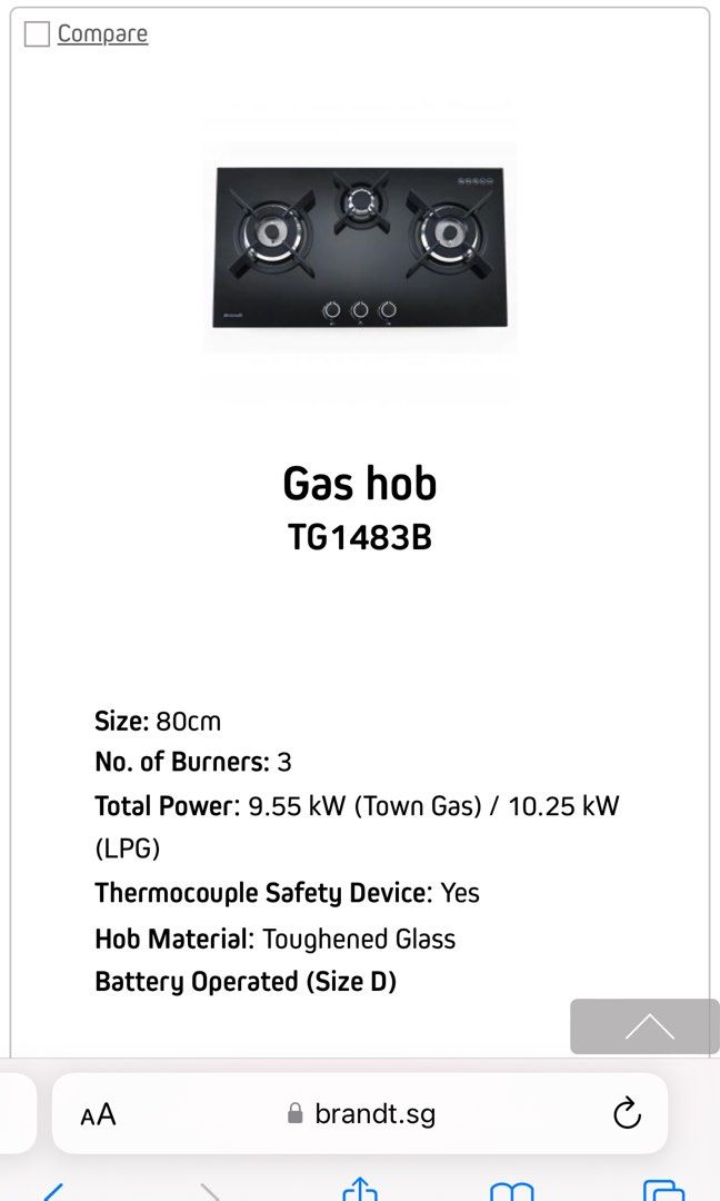 Brandt 3burner Gas Hob (integrated) TG1483B, TV & Home Appliances