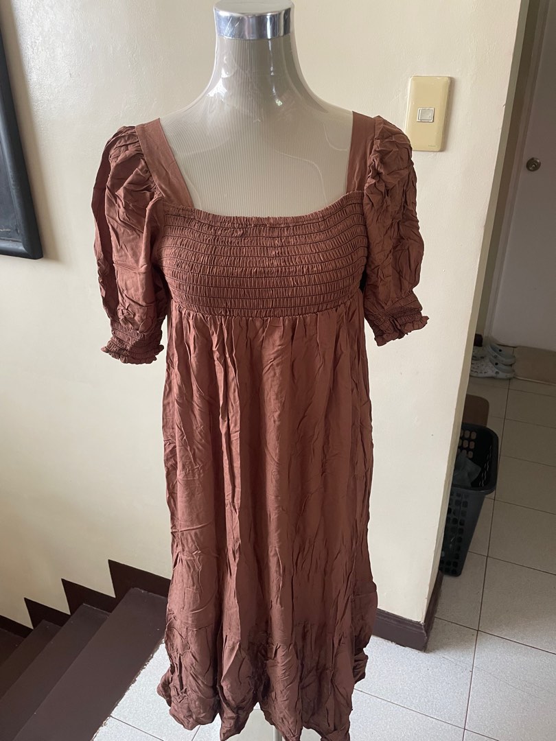 Brown Floral Print Smocked High Waist Long Sleeve Maxi Dress main image 1