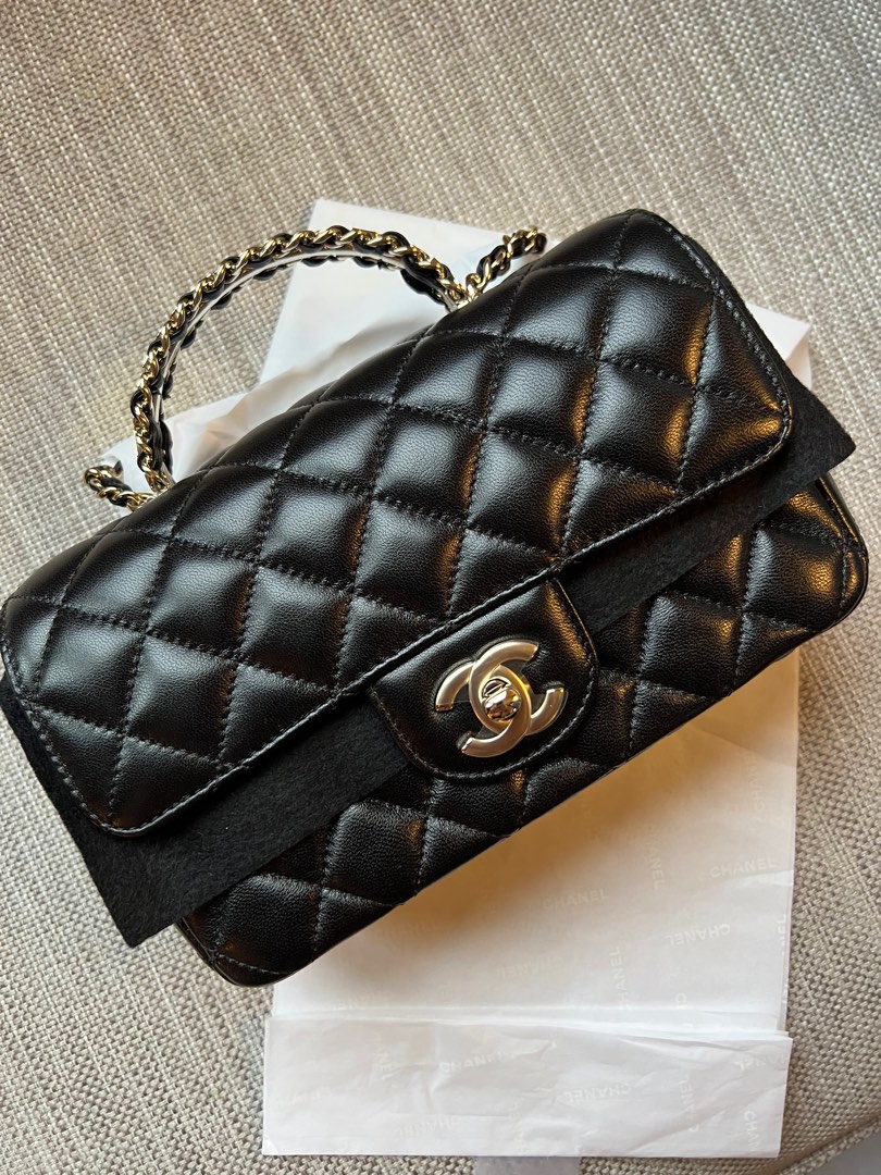 Chanel 23A Black Shiny Lambskin Top Handle Small Flap Bag with Gold  Hardware. 