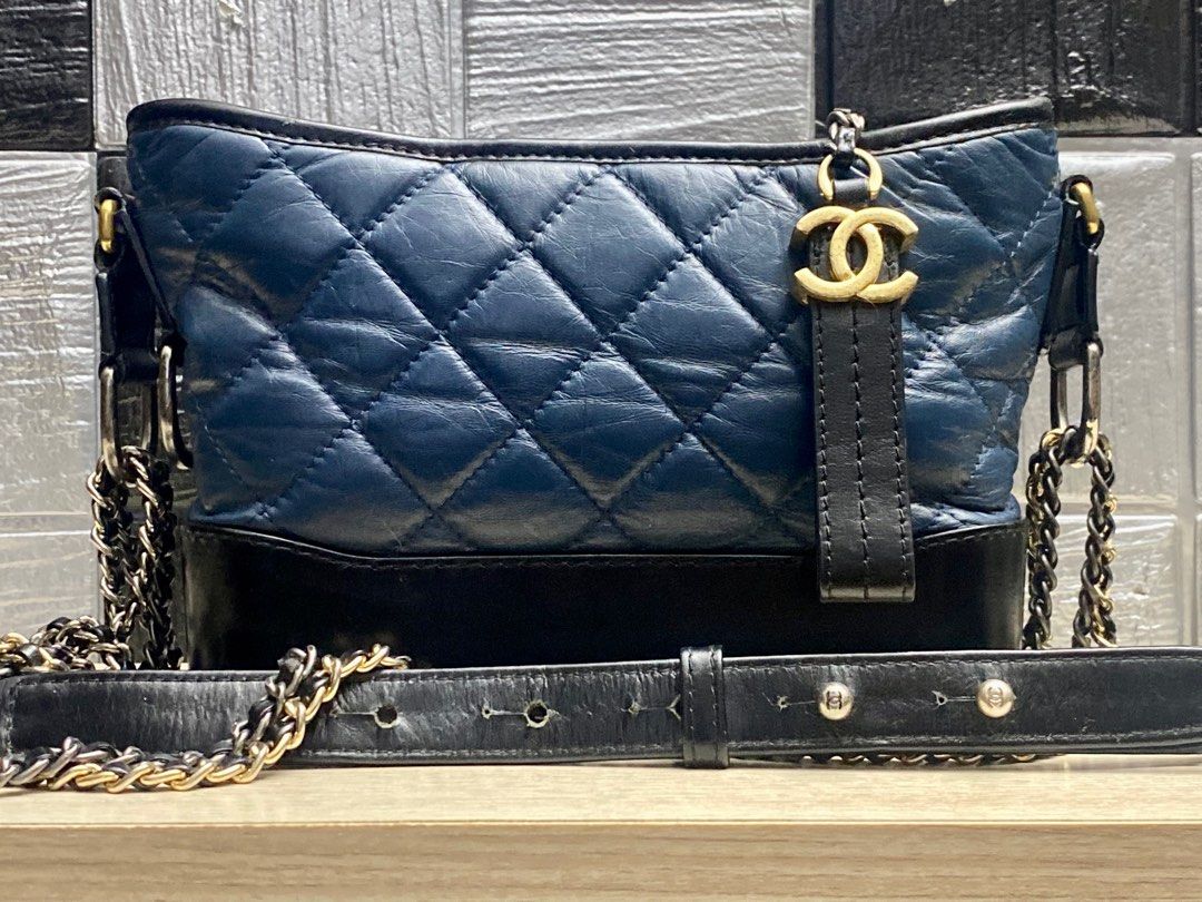CHANEL Aged Calfskin Quilted Small Bi-Color Gabrielle Hobo Black Blue
