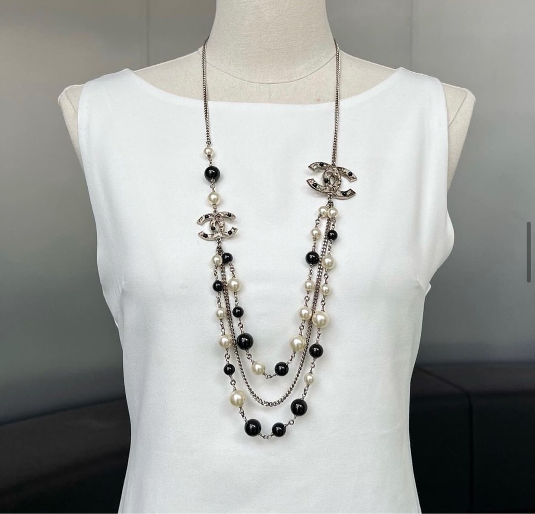 Chanel CC Chain Pearl Necklace Black Rhw Women s Fashion
