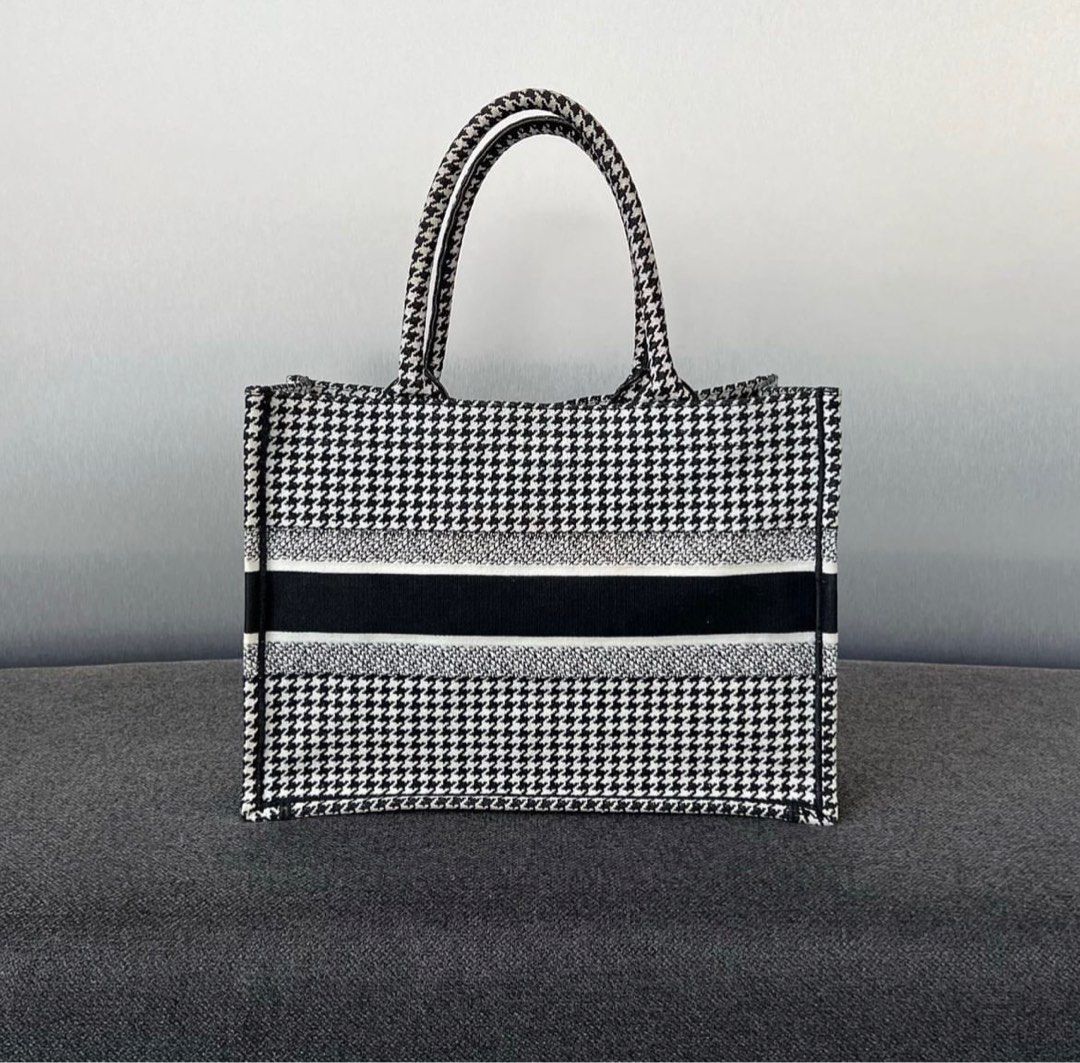 Medium Dior Book Tote Black and White Houndstooth Embroidery (36 x