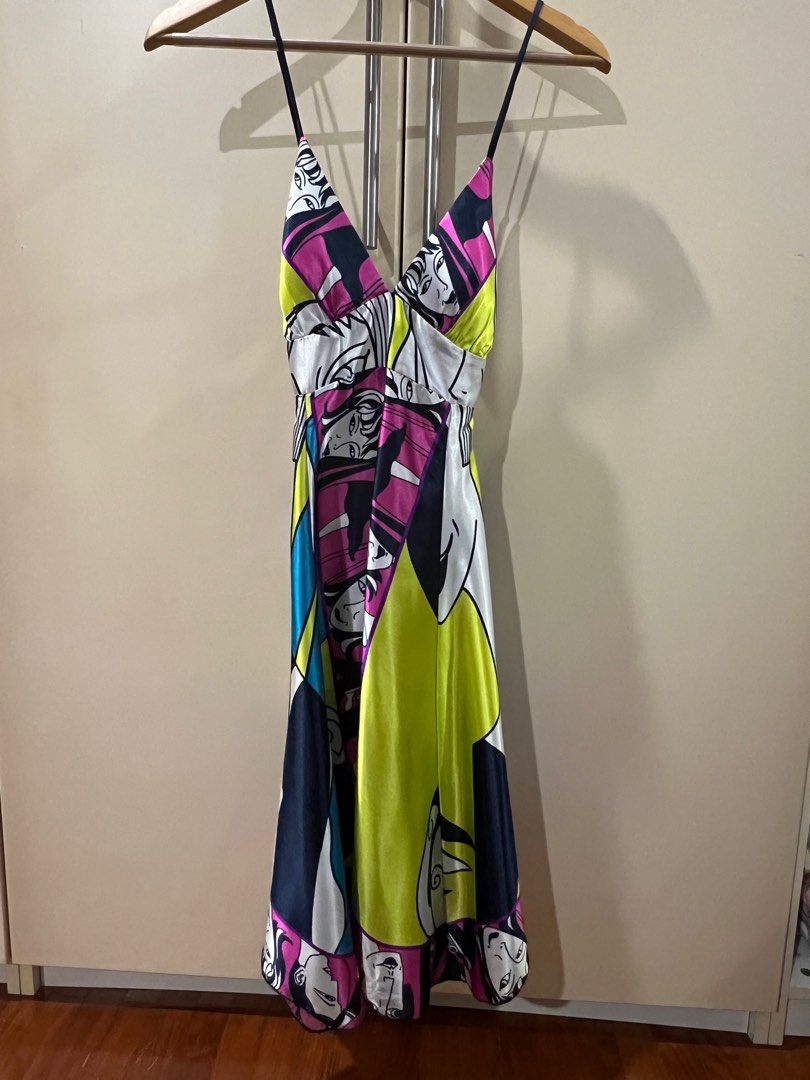 Fun colorful satin dress with cross back US 0 runs large, Women's Fashion,  Dresses u0026 Sets, Dresses on Carousell