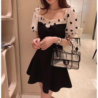Girls Heart Pattern Puff Sleeve A-Line Dress
