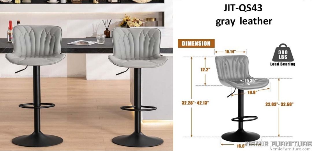 JIT QS43 bar chair (Category: Chairs) located in Quezon City. Submitted by nemiefurniture (Listing ID 1236488373, Image 1). Description: hydraulic bar chair 18.90"L x 15.35"W x 32.28" - 42.13"H color: gray leather with white frame https://nemiefurniture.com Prices negotiable .