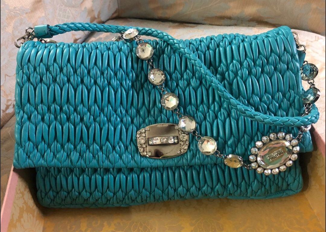 Miu Miu Iconic Crystal shoulder bag in blue quilted leather