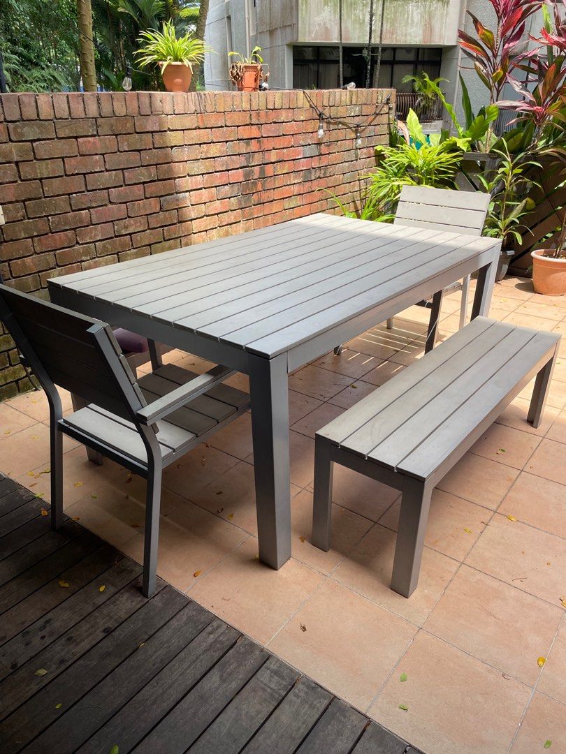 outdoor table w bench & chairs, furniture & home living, outdoor