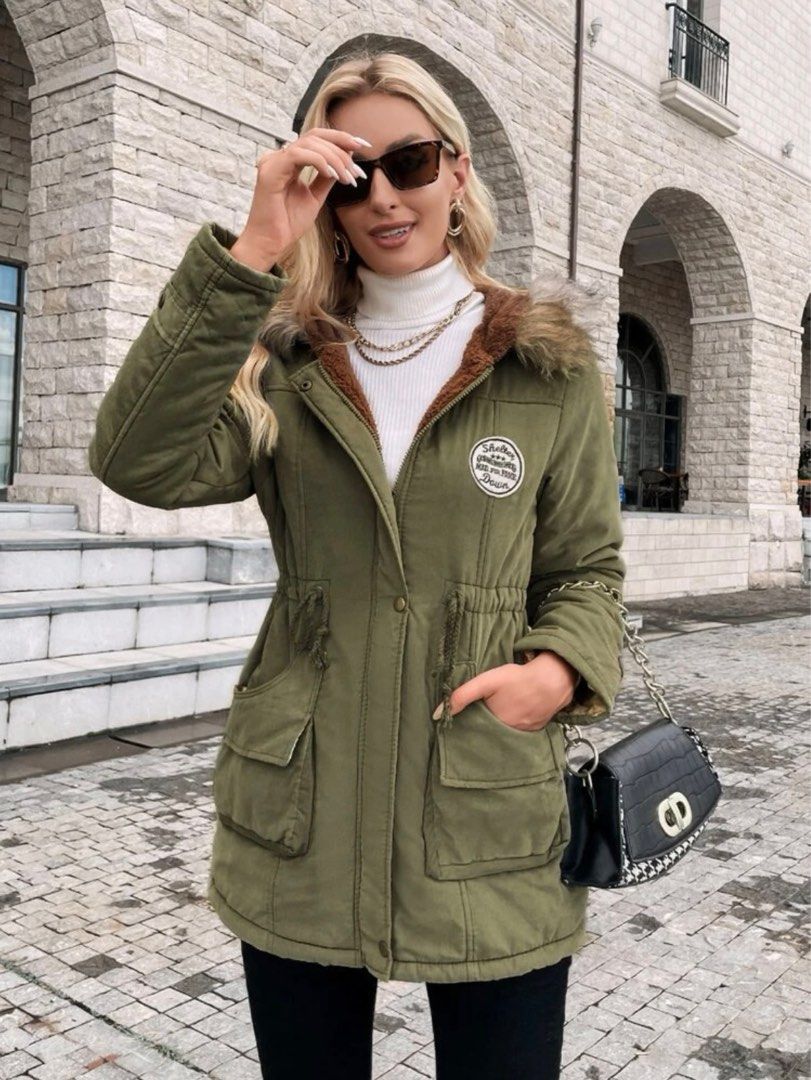 Parka winter coat w hood in army green Women s Fashion Coats