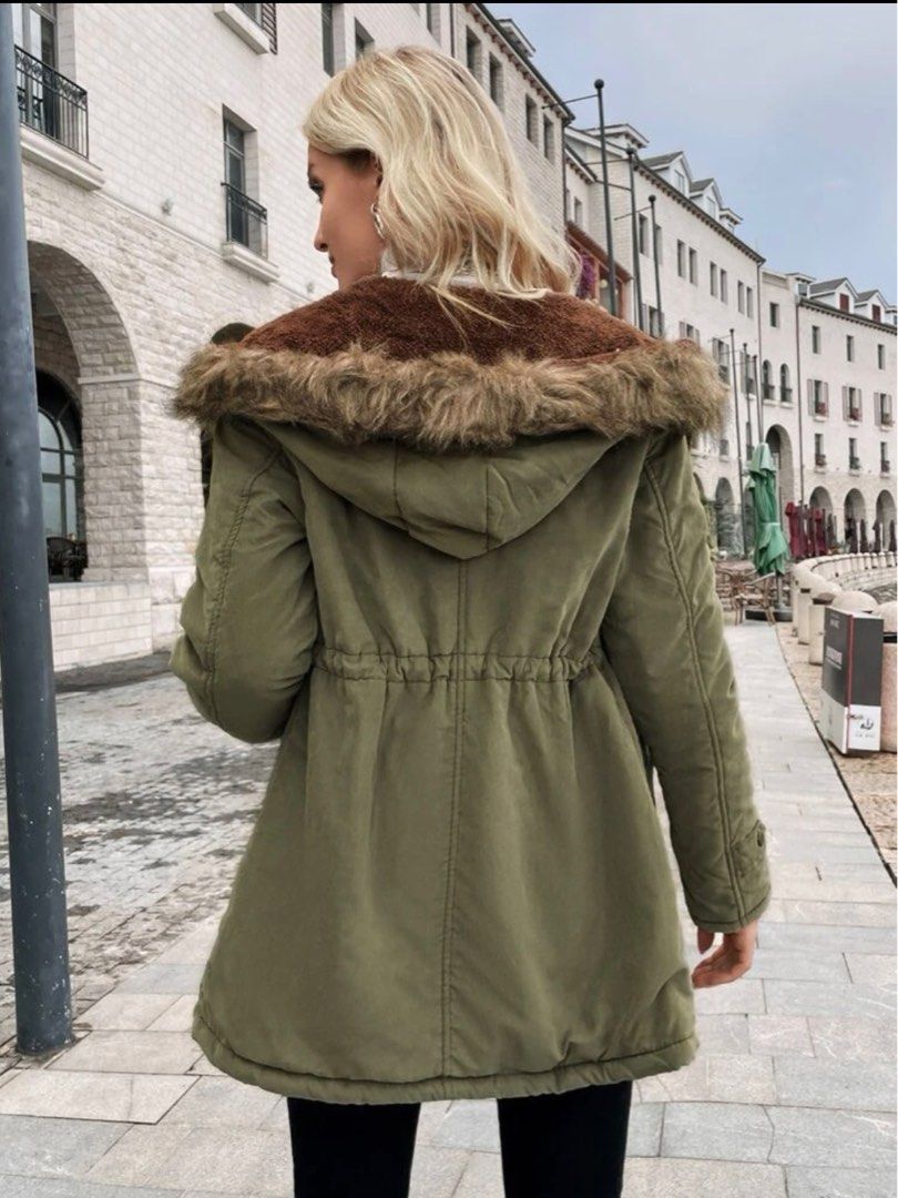Army green winter jacket with fur hood on sale