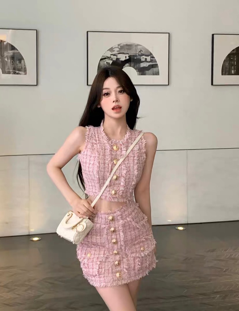 Pink Chanel Style Tweed Top and Skirt Set