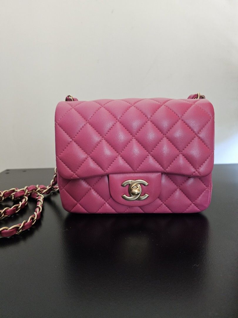 RARE Chanel mini classic flap square lambskin fushia barbie pink bag matte  gold hardware