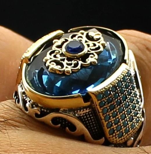 Silver Turkish Gents Ring RC Blue topaz Men s Fashion Watches