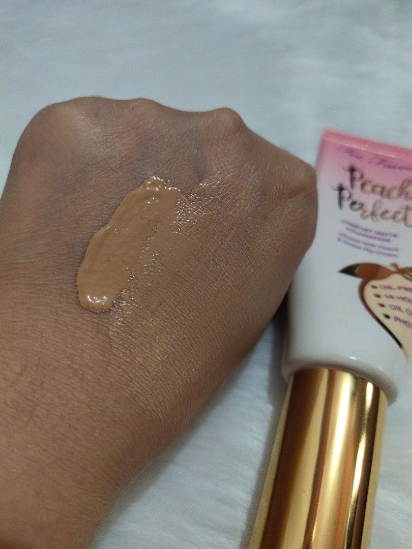 Too Faced Peach Perfect Comfort Matte Foundation (Category: Makeup) located in Makati City. Submitted by aa.hmua (Listing ID 1236527785, Image 3). Description: around 30% left, still smells like peach ❤ one of my favorite foundation. perfect for oily skin! medium coverage and good oil control. matches NC 30-35.