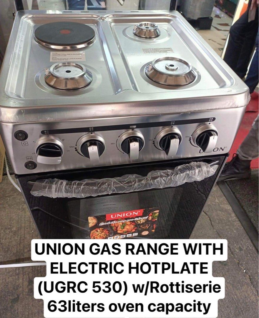 UNION GAS RANGE WITH ELECTRIC AND ROTTISERIE (Category: Other Home Appliances) located in Dasmarinas. Submitted by arjay0180 (Listing ID 1236434403, Image 2). Description: 📣‼️SALE LIMITED is OFFER ONLY‼️UNION GAS RANGE (UGRC 530)SALE‼️ ‼️FOR ONLY 10K‼️ Model : UGCR 530 Specs : ✅Stainless steel cooktop for easy cleaning ✅40x50cm cooking range ✅3 gas burners with automatic ignition and 1 electric hot plate ✅Individual control knob ✅63L Oven gross 