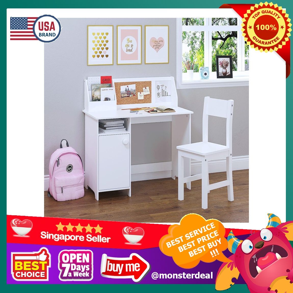 UTEX Kids Desk,Wooden Study Desk with Chair for Children,Writing Desk with  Storage and Hutch for Home School Use,White 