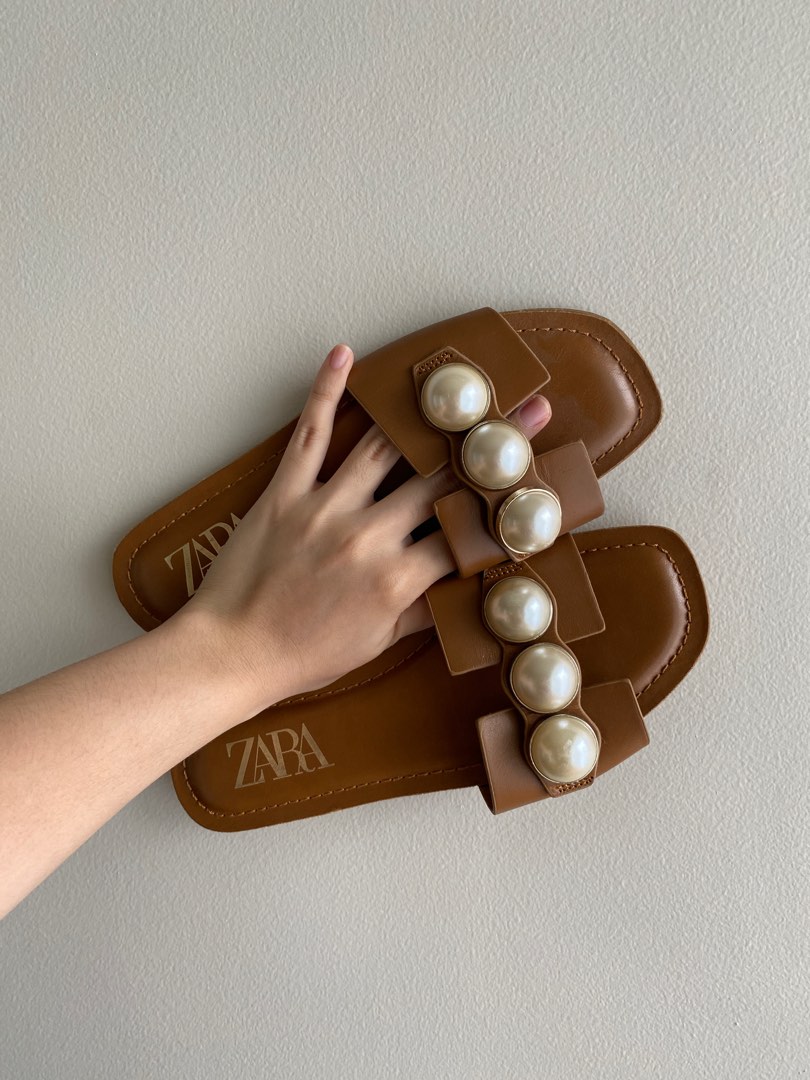 Zara leather slide sandals with pearls clearance