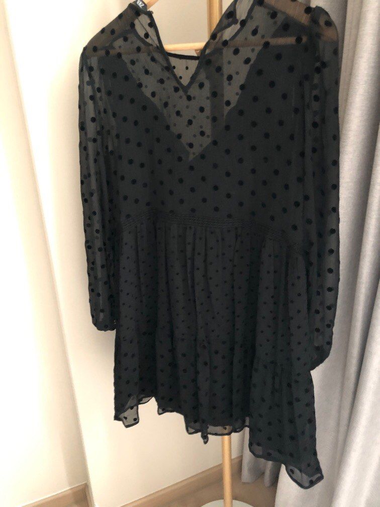 zara black sheer polka dot dress NWT Zara Sheer Black Polka Dot Puff Sleeve Dress Size Small Black Swiss Dot