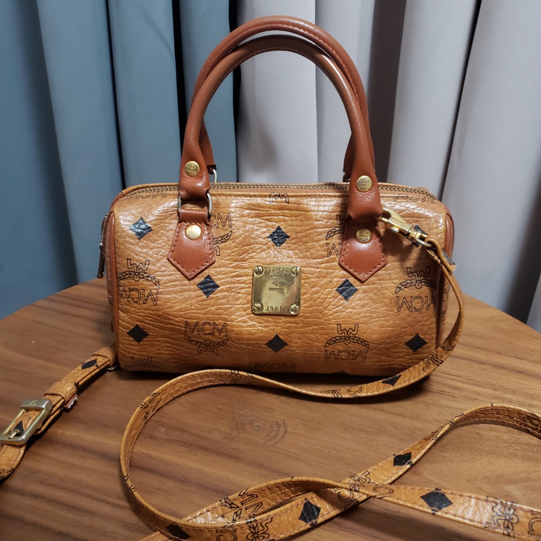 MCM Cognac Boston Nano, Luxury, Bags & Wallets on Carousell