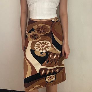brown floral abstract midi skirt