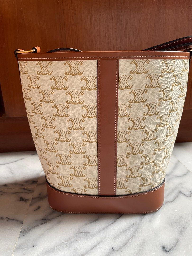 Celine SMALL BUCKET IN TRIOMPHE CANVAS AND CALFSKIN WHITE