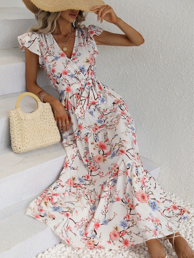White floral maxi cheap dress long sleeve