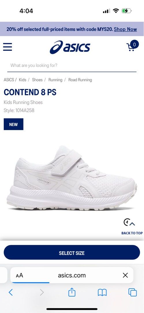For school ASICS contend 8 PS white running shoe size US 2