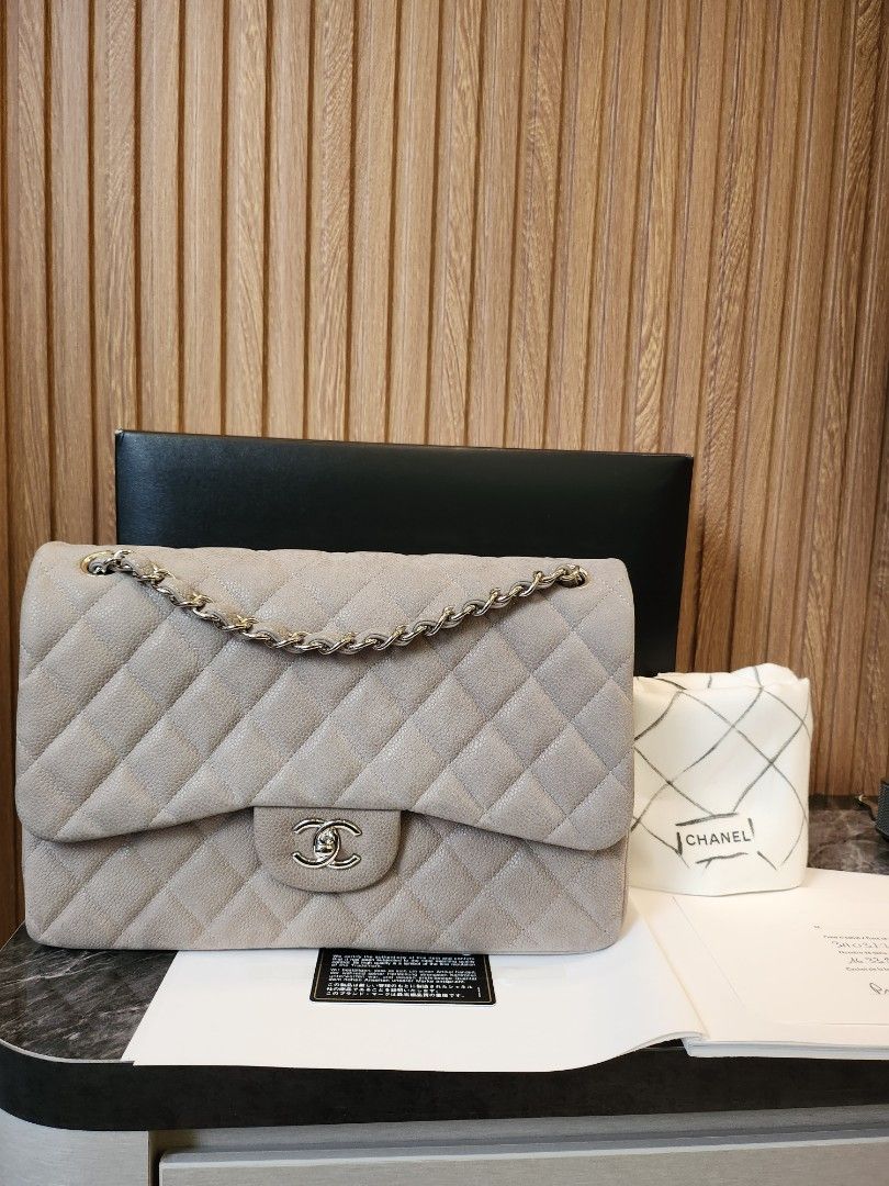 Full Set* Chanel Double Flap Bag Jumbo Size Grey Suede Caviar