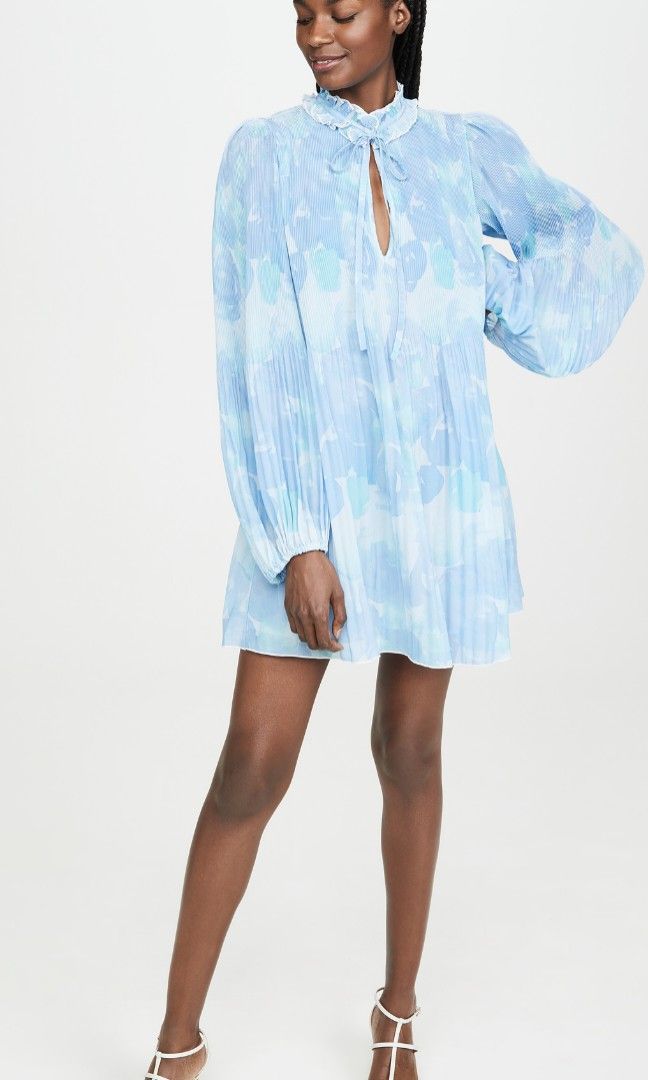 Ganni pleated georgette dress in blue azure floral Women s