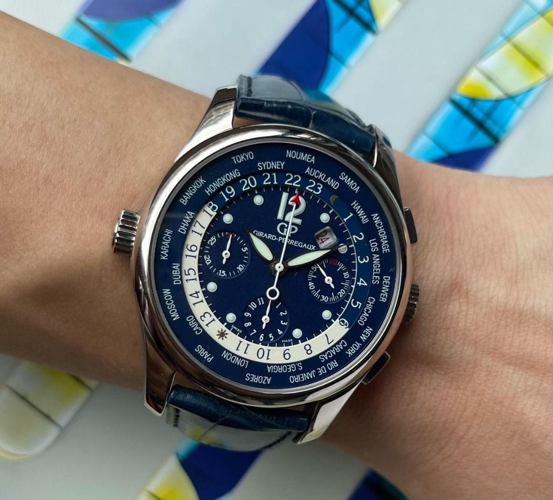 Girard Perregaux World Time Chronograph 18K White Gold Blue Dial